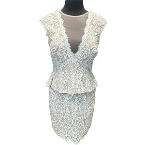 Betsy & Adam White/Blush Lace Peplum Illusion Sheath Dress Size 12